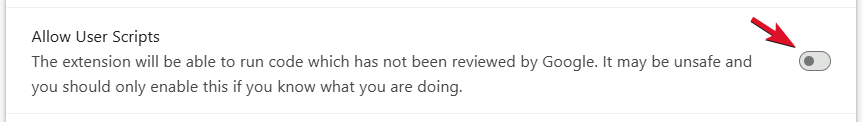 Allow user scripts toggle turned off in the Chrome extension settings